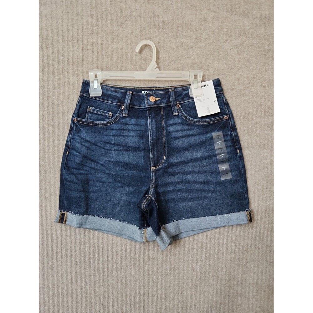 Sonoma High Rise Denim Shorts Womens 8 Blue Dark Wash Cuffed Stretch NEW